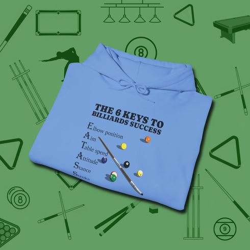 6 Keys to Billiards Success (E.A.T.A.S.S.) Hoodie, folded view, in Carolina Blue for players who live the game